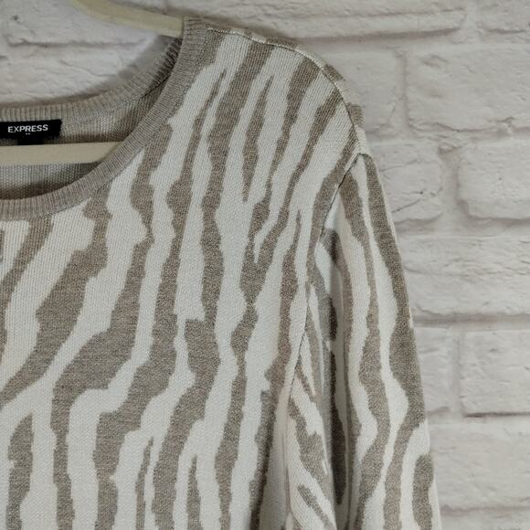 L Express Womens Cream Taupe Zebra Print Curvy Long Sleeve Midi Sweater Dress L - Picture 3 of 15